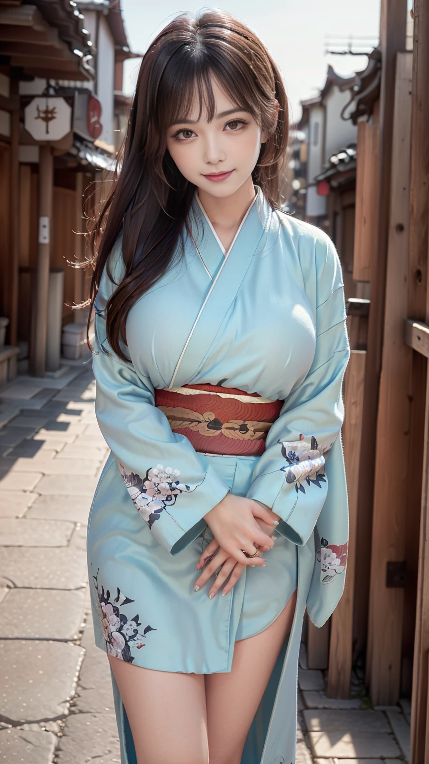 (((Normal dressing:1.5))),(Surreal), (High resolution), (8K), (Very detailed), (Best illustrations), (Beautifully detailed and sparkling eyes), (Highest quality), (Very detailedな), (masterpiece), (wallpaper), (Detailed face), (Beautiful smile)、(Beautiful expression)、alone、(((Big Breasts)))、Looking into the camera、((Glamorous Body))、(((Edo Town、Beautiful kimono)))