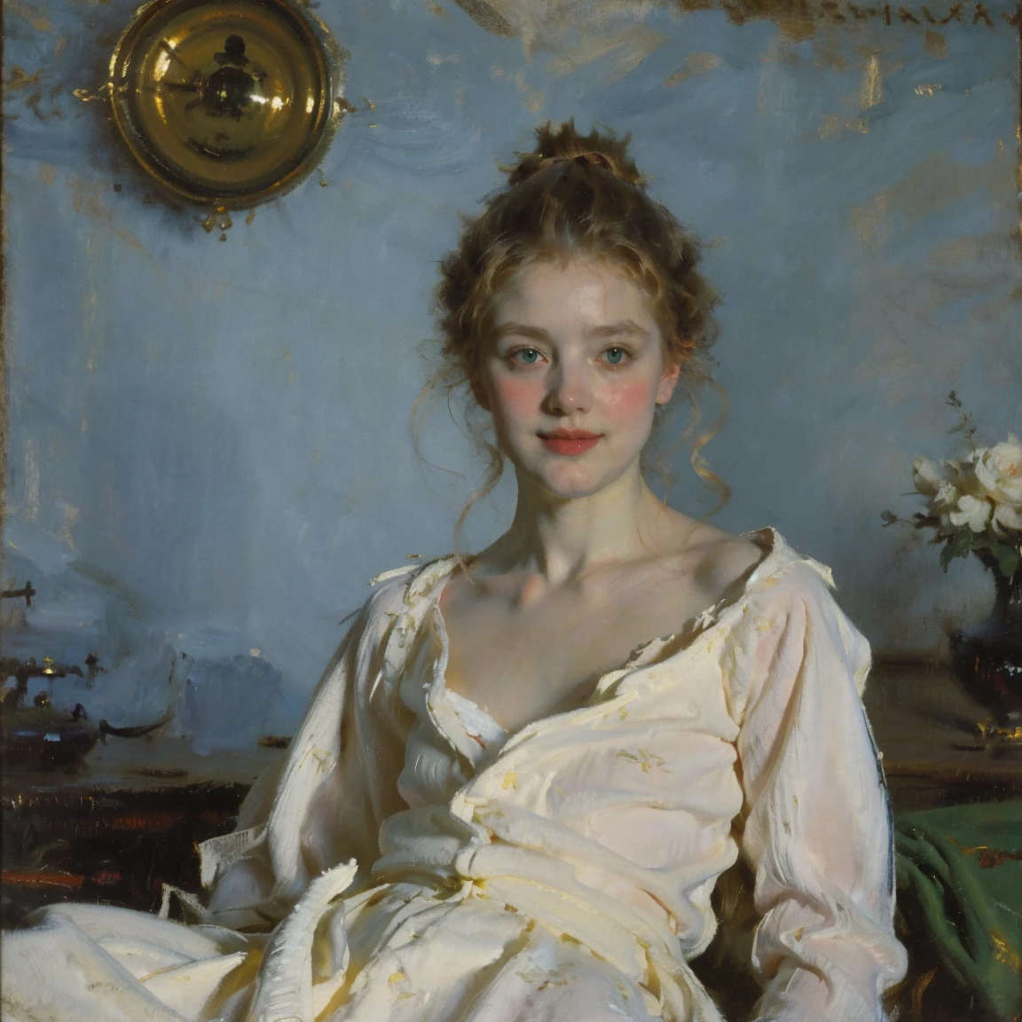 a portrait of a beautiful young girl, 1, with long bright blonde hair, green eyes, wearing a classic white pajama robe, in a classical portrait style, oil painting, side view, face in focus, small smile, plain blue background, highly detailed, photorealistic, cinematic lighting, delicate skin, intricate facial features, elegant expression