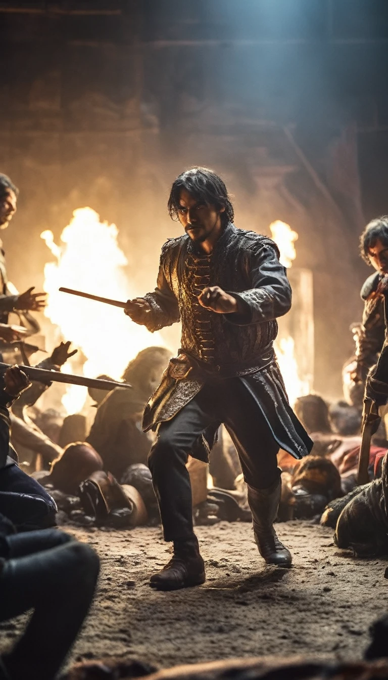 Young Temüjin leading his small band in a skirmish against rival clans, background dark, hyper realistic, ultra detailed hyper realistic, photorealistic, Studio Lighting, reflections, dynamic pose, Cinematic, Color Grading, Photography, Shot on 50mm lens, Ultra-Wide Angle, Depth of Field, hyper-detailed, beautifully color, 8k