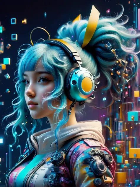 (A young woman with cyan hair in double ponytails:1.5)，She is wearing a futuristic outfit，Consists of an electronic-themed dress...