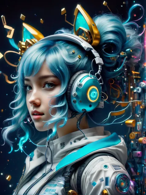 (A young woman with cyan hair in double ponytails:1.5)，She is wearing a futuristic outfit，Consists of an electronic-themed dress...