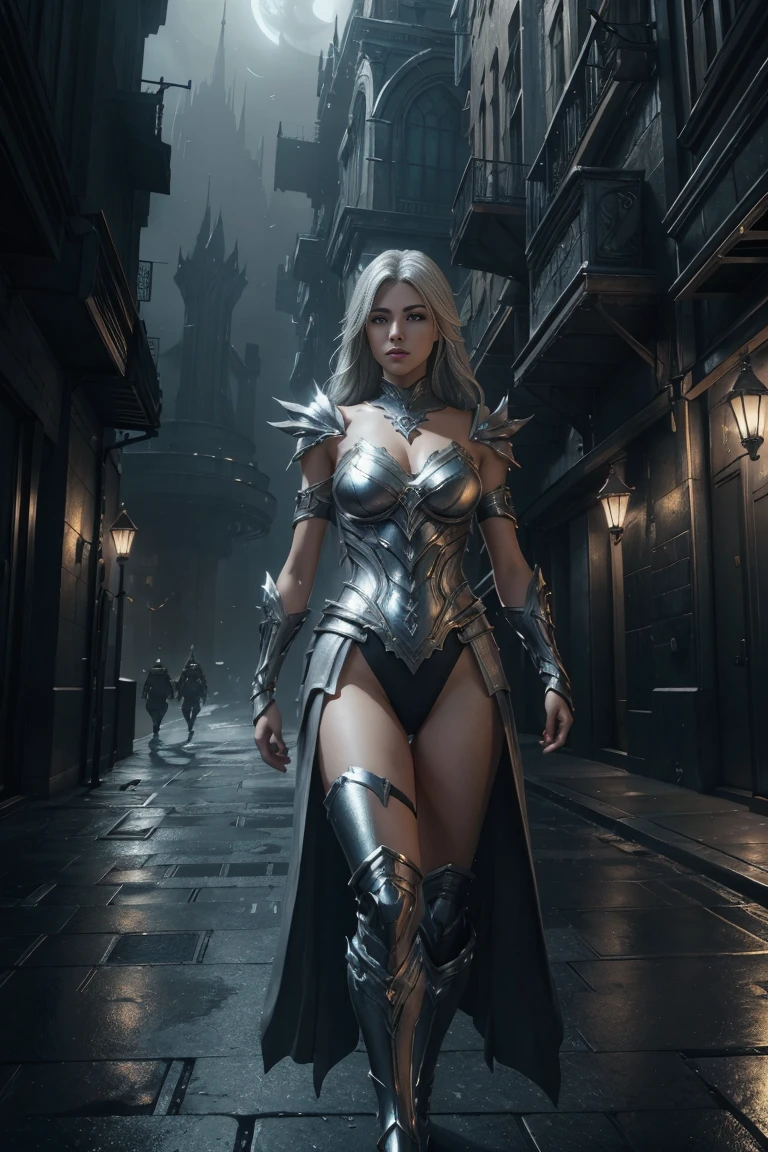 concept art (Digital Artwork:1.3) of (Simple illustration:1.3) a woman in a silver and white costume standing in a city, from lineage 2, wearing witchblade armor, lineage 2 revolution style, unreal engine render saint seiya, of a beautiful female warframe, from ncsoft, silver armor and red clothing, hyperdetailed fantasy character, style game square enix, unreal engine render a goddess, 8 k character details CGSociety,ArtStation,(Low Contrast:1.3) . digital artwork, illustrative, painterly, matte painting, highly detailed bacground dark fantasy city night