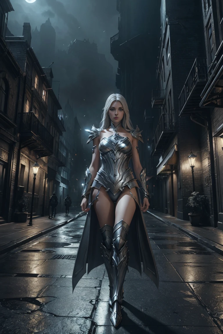 Arte conceptual (Obras de arte digitales:1.3) de (ilustración sencilla:1.3) una mujer vestida de blanco y plateado parada en una ciudad, del linaje 2, usando armadura de espada de bruja, linaje 2 estilo revolución, motor irreal render saint seiya, de a beautiful female warframe, from ncsdet, armadura plateada y ropa roja, personaje de fantasía hiperdetallado, juego de estilo square enix, motor irreal representa una diosa, 8k detalles de personajes CGSociety,estación de arte,(Bajo contraste:1.3) . Obras de arte digitales, ilustrativo, pictórico, pintura mate, fundamento muy detallado noche de ciudad de fantasía oscura