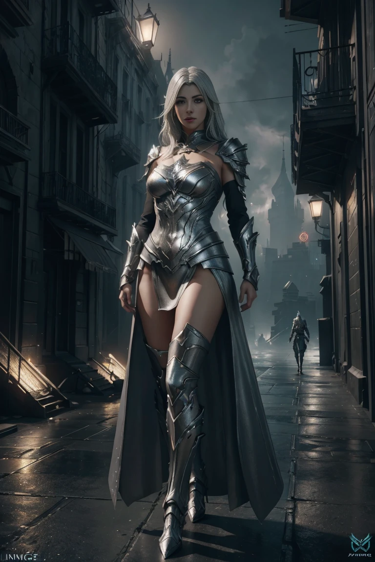 concept art (Digital Artwork:1.3) of (Simple illustration:1.3) a woman in a silver and white costume standing in a city, from lineage 2, wearing witchblade armor, lineage 2 revolution style, unreal engine render saint seiya, of a beautiful female warframe, from ncsoft, silver armor and red clothing, hyperdetailed fantasy character, style game square enix, unreal engine render a goddess, 8 k character details CGSociety,ArtStation,(Low Contrast:1.3) . digital artwork, illustrative, painterly, matte painting, highly detailed bacground dark fantasy city night