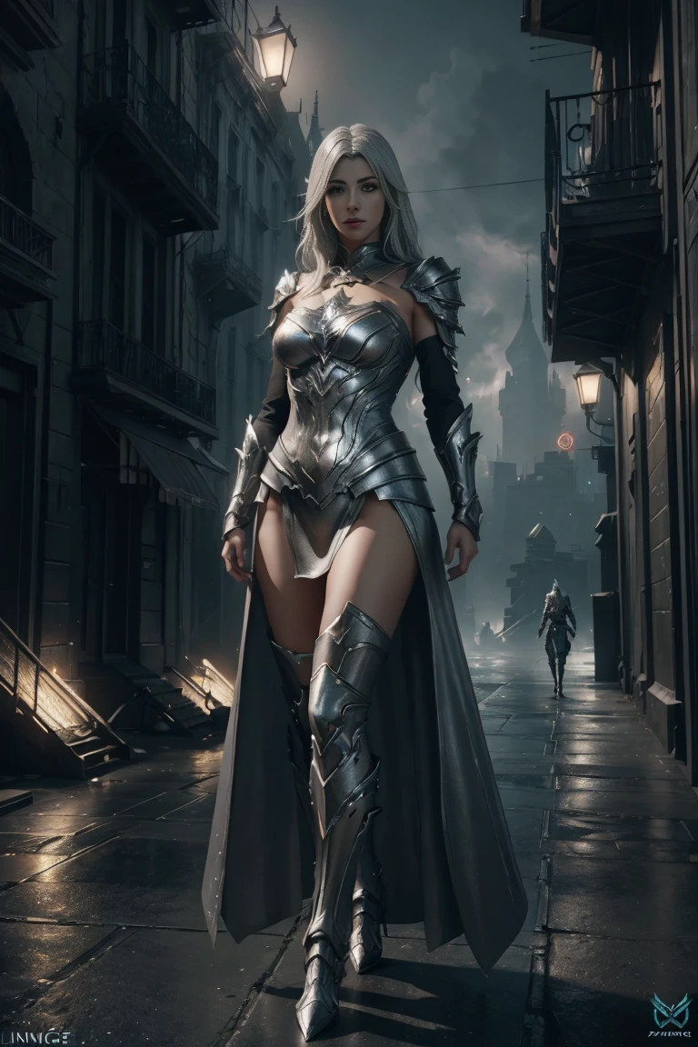 arte conceptual (obra de arte digital:1.3) de (ilustración sencilla:1.3) una mujer vestida de blanco y plateado parada en una ciudad, del linaje 2, usando armadura de espada de bruja, linaje 2 estilo revolución, motor irreal render saint seiya, de a beautiful female warframe, from ncsdet, armadura plateada y ropa roja, personaje de fantasía hiperdetallado, juego de estilo square enix, motor irreal representa una diosa, 8k detalles de personajes CGSociety,Estación de arte,(Bajo contraste:1.3) . obra de arte digital, ilustrativo, pictórico, pintura mate, fundamento muy detallado noche de ciudad de fantasía oscura