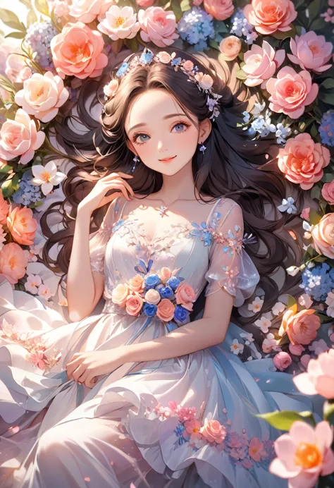 8k,high-res,((ultra detailed face)),describe a scene in which a beautiful woman character is lying on  lot of flowers, she is 20...