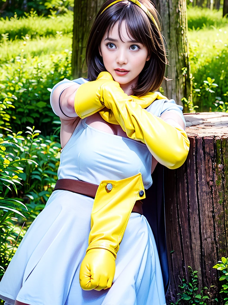 sage_(dq3), 1girl, 
(the vast grasslands), 
(sitting on a stump), (spread legs show panties toward for the viewer), 
long hair, blue hair, normal breast, cleavage, bare shoulders, 
circlet, (yellow gloves:1.6), (white dress:1.6), (cape:1.6), (knee-high boots:1.6), 
(holding a wooden long staff), 
(cowboy shot), 
(white frilled panties), 
detail face, (photorealistic:1.4), ultra high res, best quality, ((detailed facial features)), 8k resolution,
