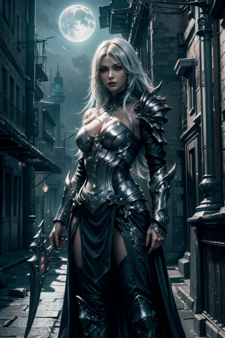 concept art (Digital Artwork:1.3) of (Simple illustration:1.3) a woman in a silver and white costume standing in a city, from lineage 2, wearing witchblade armor, lineage 2 revolution style, unreal engine render saint seiya, of a beautiful female warframe, from ncsoft, silver armor and red clothing, hyperdetailed fantasy character, style game square enix, unreal engine render a goddess, 8 k character details CGSociety,ArtStation,(Low Contrast:1.3) . digital artwork, illustrative, painterly, matte painting, highly detailed bacground dark gloomy fantasy city at night by moonlight