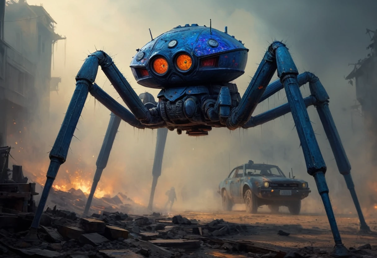 concept art, Datsun 180-j 1975 blue_glitter Clockworkspider walker from the First World War. Oil painting trend, muted colors, slate tones, brush strokes, puffy marks, hydraulics, sharp areas next to smooth, dark next to light, soft next to hard, explosion of colorful paint, ridges of thick paint creating shadows and thick texture. . , smoky grainy areas next to smooth open areas, a sense of three-dimensionality, abstraction of detail in color and shape, ((oily texture with clumps of paint)). . magnificent, heavenly, evil, cinematic, epic, majestic, magical, fantasy photos, covers, gritty and realistic