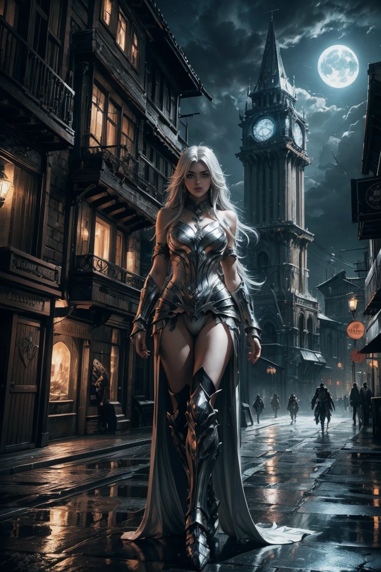 concept art (Digital Artwork:1.3) of (Simple illustration:1.3) a woman in a silver and white costume standing in a city, from lineage 2, wearing witchblade armor, lineage 2 revolution style, unreal engine render saint seiya, of a beautiful female warframe, from ncsoft, silver armor and red clothing, hyperdetailed fantasy character, style game square enix, unreal engine render a goddess, 8 k character details CGSociety,ArtStation,(Low Contrast:1.3) . digital artwork, illustrative, painterly, matte painting, highly detailed bacground dark gloomy medieval fantasy city at night by moonlight