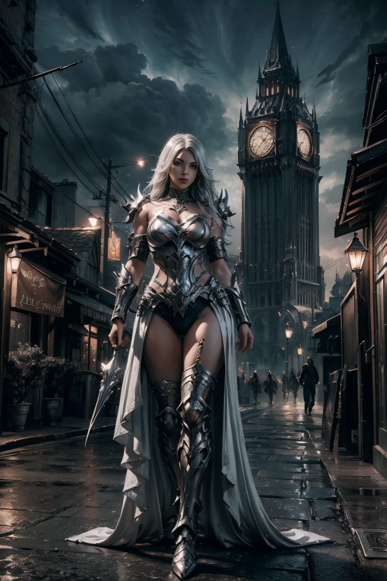 concept art (Digital Artwork:1.3) of (Simple illustration:1.3) a woman in a silver and white costume standing in a city, from lineage 2, wearing witchblade armor, lineage 2 revolution style, unreal engine render saint seiya, of a beautiful female warframe, from ncsoft, silver armor and red clothing, hyperdetailed fantasy character, style game square enix, unreal engine render a goddess, 8 k character details CGSociety,ArtStation,(Low Contrast:1.3) . digital artwork, illustrative, painterly, matte painting, highly detailed bacground dark gloomy medieval fantasy city at night by moonlight