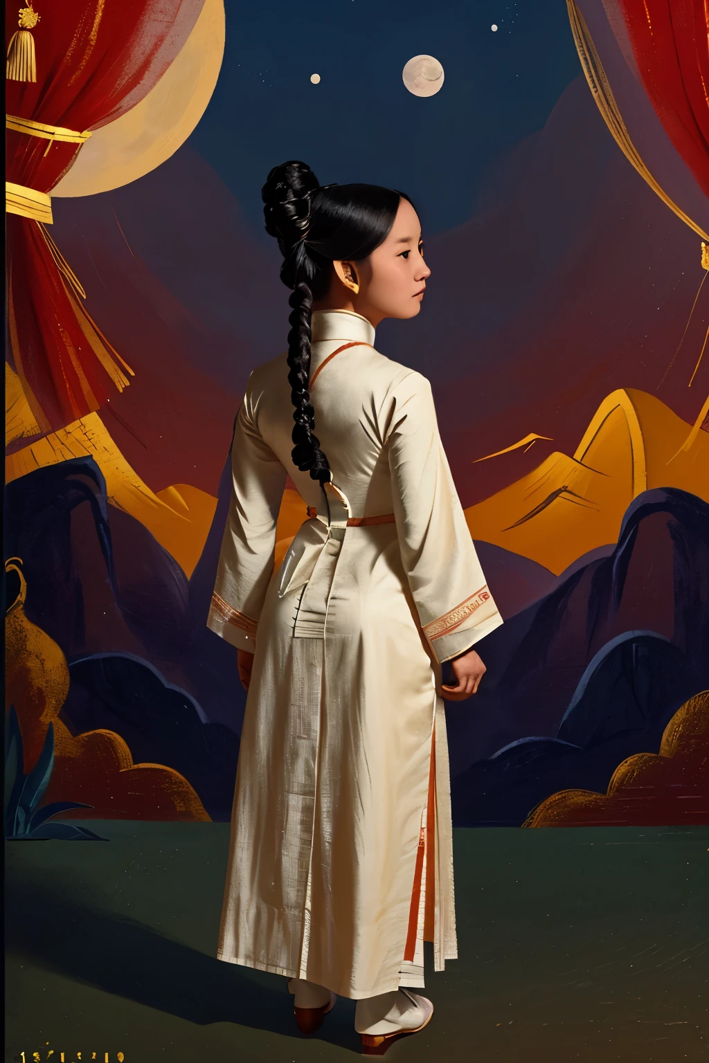 Tongkou, China, 1855. full body, back view A young ((((32-year-old)) WhiteLily)), asian girl, (((staring at the moon))), ((((chinese clothings from the 1850s)))), ((hairstyle of the 1850s))