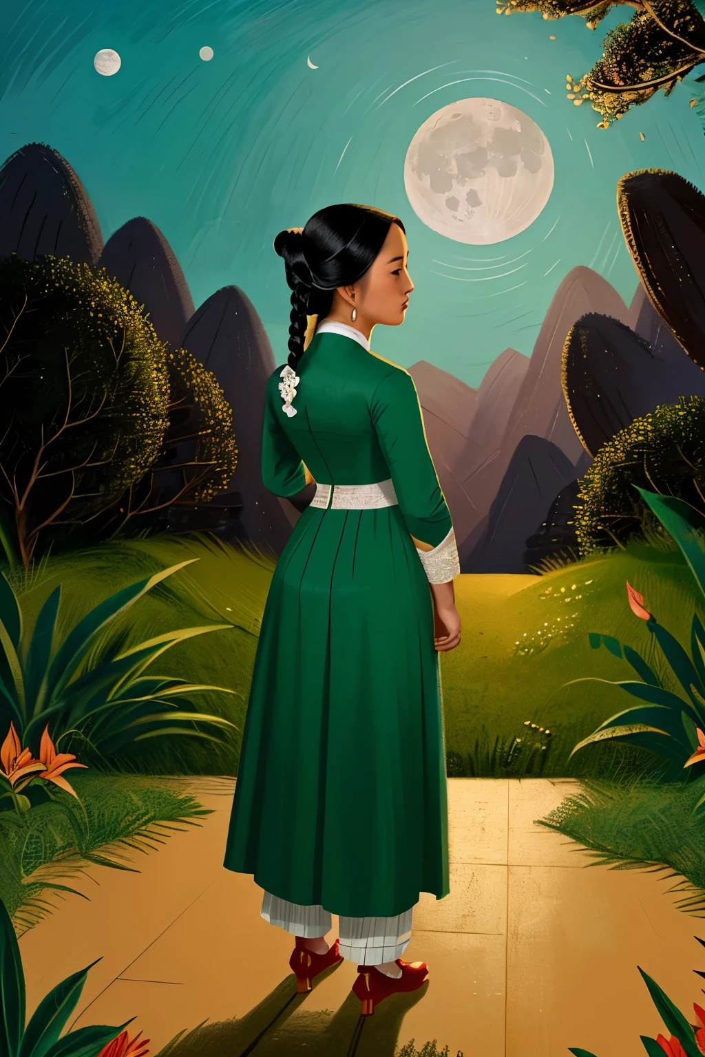 Tongkou, China, 1855. full body, back view A young ((((32-year-old)) WhiteLily)), asian girl, in the garden, ((staring at the moon)), ((((chinese clothings from the 1850s)))), ((hairstyle of the 1850s))