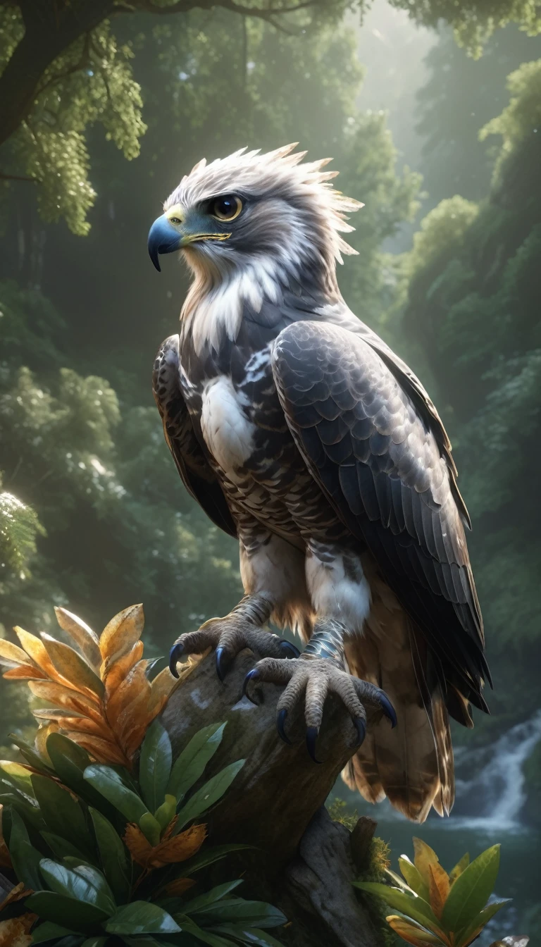 Mountains and forests，There is a kind of beast，It looks like a hawk but has human hands.(best quality，4K，8K，High level，masterpiece：1.2），Ultra Detailed，（lifelike，Photo real，Photo real：1.37），Highly detailed animals，Realistic lighting，Fantasy Creatures
