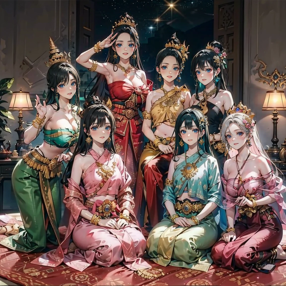 Group of Five Princesses,(Five young women,Many young women), (In the bedroom), Various Hair Styles, Harem, Wearing a strapless Thai dress.., At night, Detailed face, Big Breasts,Chest curtain, Short skirt, Mule, No sleeve , Show me your armpits, At night, starry At night,(Large areola:1.4,pink,Nipples are clearly visible....),((Various poses)