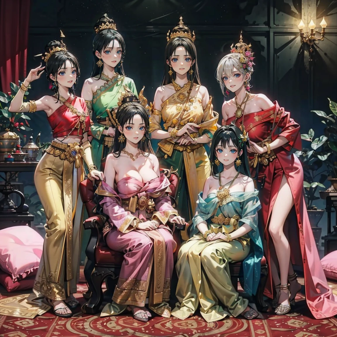 Group of Five Princesses,(Five young women,Many young women), (In the bedroom), Various Hair Styles, Harem, Wearing a strapless Thai dress.., At night, Detailed face, Big Breasts,Chest curtain, Short skirt, Mule, No sleeve , Show me your armpits, At night, starry At night,(Large areola:1.4,pink,Nipples are clearly visible....),((Various poses)