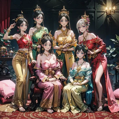 Group of Five Princesses,(Five young women,Many young women), (In the bedroom), Various Hair Styles, Harem, Wearing a strapless ...