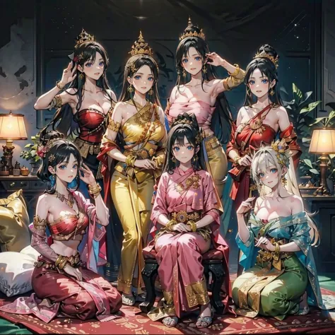 Group of Five Princesses,(Five young women,Many young women), (In the bedroom), Various Hair Styles, Harem, Wearing a strapless ...