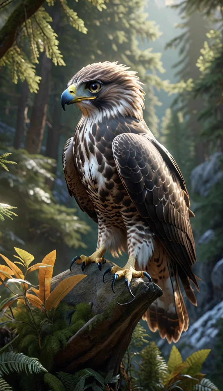 Mountains and forests，There is a kind of beast，It looks like a hawk but has human hands.(best quality，4K，8K，High level，masterpiece：1.2），Ultra Detailed，（lifelike，Photo real，Photo real：1.37），Highly detailed animals，Realistic lighting，Fantasy Creatures