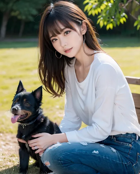 Staring at the dog、A woman playing with many small black puppies、Stylish white shirt and jeans、Super delicate dog expression、Bei...