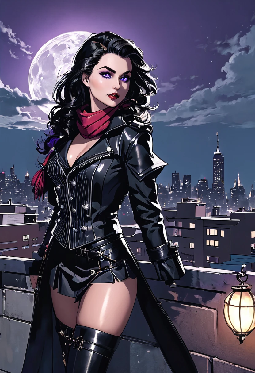 /imagine prompt: A vampire with white skin, gray eyes, dressed in a black and white striped blouse, a black biker jacket, a knee-length tight skirt, and high boots. She carries a Darksword on her back and a bag filled with magical tools and materials. Her long black wavy hair adorned with a red scarf, a vampire hunter. Next to her, a young blonde witch with wavy hair and sky-blue eyes, appearing to be 2, of North American descent, donning 1950s witch attire in shades of purple and black. Both girls are on a New York City rooftop at night, with the full moon and cityscape in the background, Illustration, depicting the vampire hunter and witch in a dynamic and mysterious rooftop scene, blending elements of vampire hunting and witchcraft against the urban backdrop, --ar 16:9 --v 5