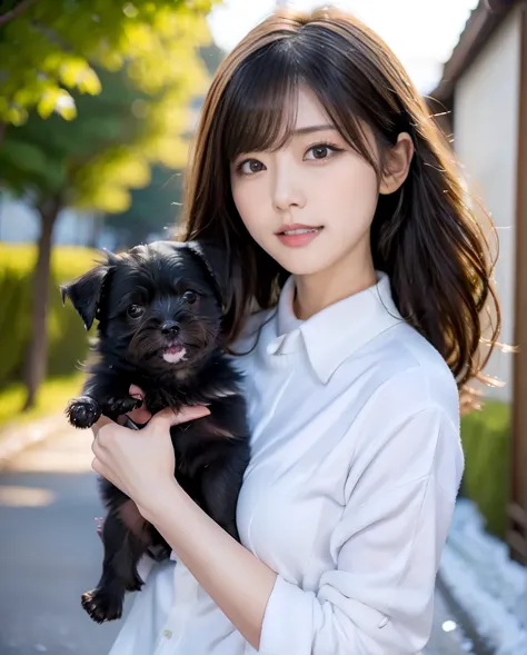 A woman playing with many small black puppies、Stylish white shirt and jeans、Super delicate dog expression、Lens flare、Hair blowin...
