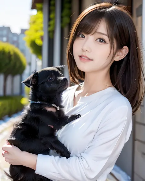 A woman playing with many small black puppies、Stylish white shirt and jeans、Super delicate dog expression、Lens flare、Hair blowin...