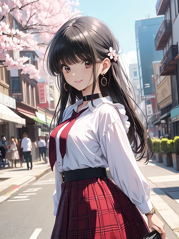 masterpiece, Highest quality, whole body, 1girl, bangs, 黒choker, 黒tie, 
Black Hair, 青いskirt, blush, bracelet, chest, choker, 
腰Surroundingsの服, clavicle, 襟付きshirt, Cowboy Shot, 
ドレスshirt, 耳Earrings, Eyebrows visible through hair, 
Gradient Hair, Grin, Gal, jewelry, コGal, 
Long Hair, Looking at the audience, ゆるいtie, tie, Earrings, 
Plaid, Plaidのskirt, プリーツskirt, Red eyes, ring, 
uniform, shirt, skirt, smile, solo, 白いshirt, street, null, cherry blossoms, 
petal,figure, (magazine:1.3), (coverスタイル:1.3), 
Fashionable, woman, Vibrant, Costume, Pause, 
front, Colorful, Dynamic, background, element, confidence, 
Performance, Keep, statement, accessories, Majestic, coil, 
Surroundings, touch, scene, text, cover, Bold, 
to attract attention, title, stylish, font, 
It&#39;s catchy, Heading, big, Impressive, modern, 
Trendy, focus, fashion,