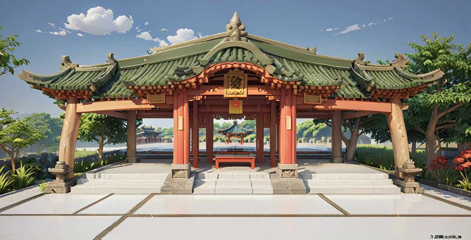 屋顶上有一个凉pavilion，Flowers and green plants are planted on it, Covered outdoor stage, 唐朝的美丽Rendering, detailed Rendering, 完全详细Rendering, wedding, Front perspective, Rendering, 3d Rendering, 3 d Rendering, 非常详细的Rendering, pavilion, 预Rendering, Dahua Temple, shrine, 在 lumion pro 中Rendering, a digital Rendering