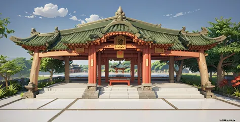 屋顶上有一个凉pavilion，flowers and green plants are planted on it, covered outdoor stage, 唐朝的美丽rendering, detailed rendering, 完全详细rende...