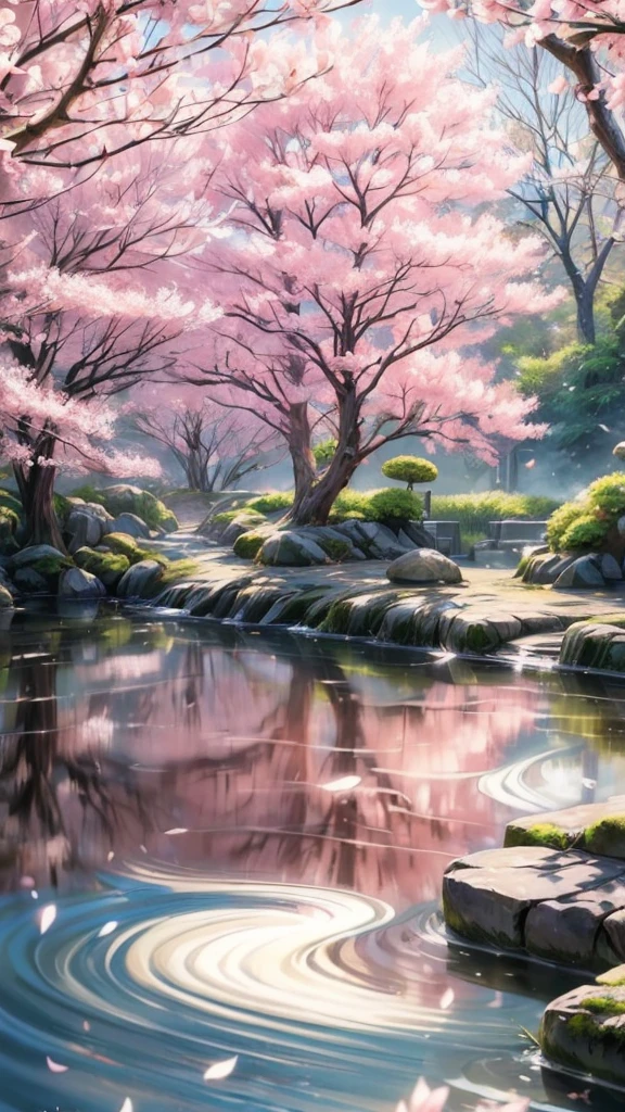 (best quality,ultra-detailed,realistic:1.37),traditional Japanese painting,Kimono,gentle breeze,soft pastel color palette,sunshine filtering through the branches,delicate cherry blossoms unfolding in the sky,falling petals,serene expression,peaceful garden,beautiful tranquility,zen-like atmosphere,whispering leaves,touch of pink and white,ethereal beauty,harmony between nature and human,delicate brush strokes,fleeting moment,calmness and serenity,graceful posture of the girl,subtle shades,traditional Japanese garden,pure and innocent gaze,silence and stillness,seasonal beauty,timeless charm.