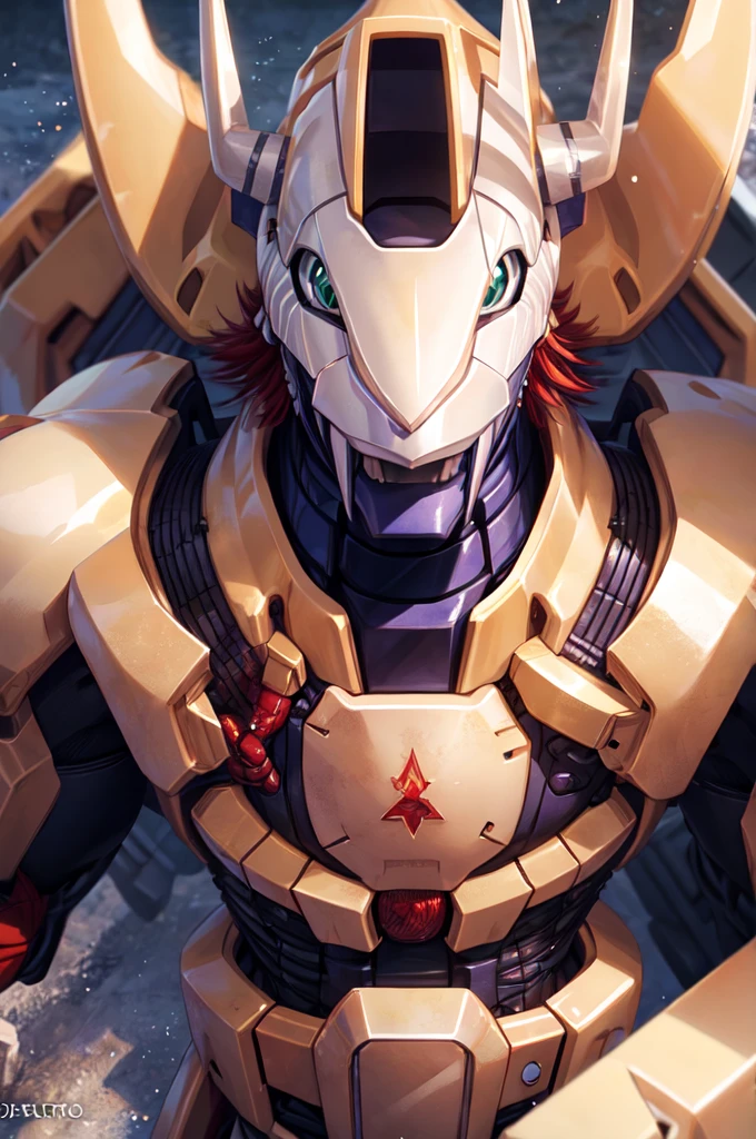 Masterpieces,official art,anthro,male,(wargreymon:1.2),Delicate face,Delicate eyes,helmet, armor, horn, digimon, upper body, depth of field, perfect lighting, light particles,(best quality),(masterpiece),(ultra detailed),sharp focus,light particles 