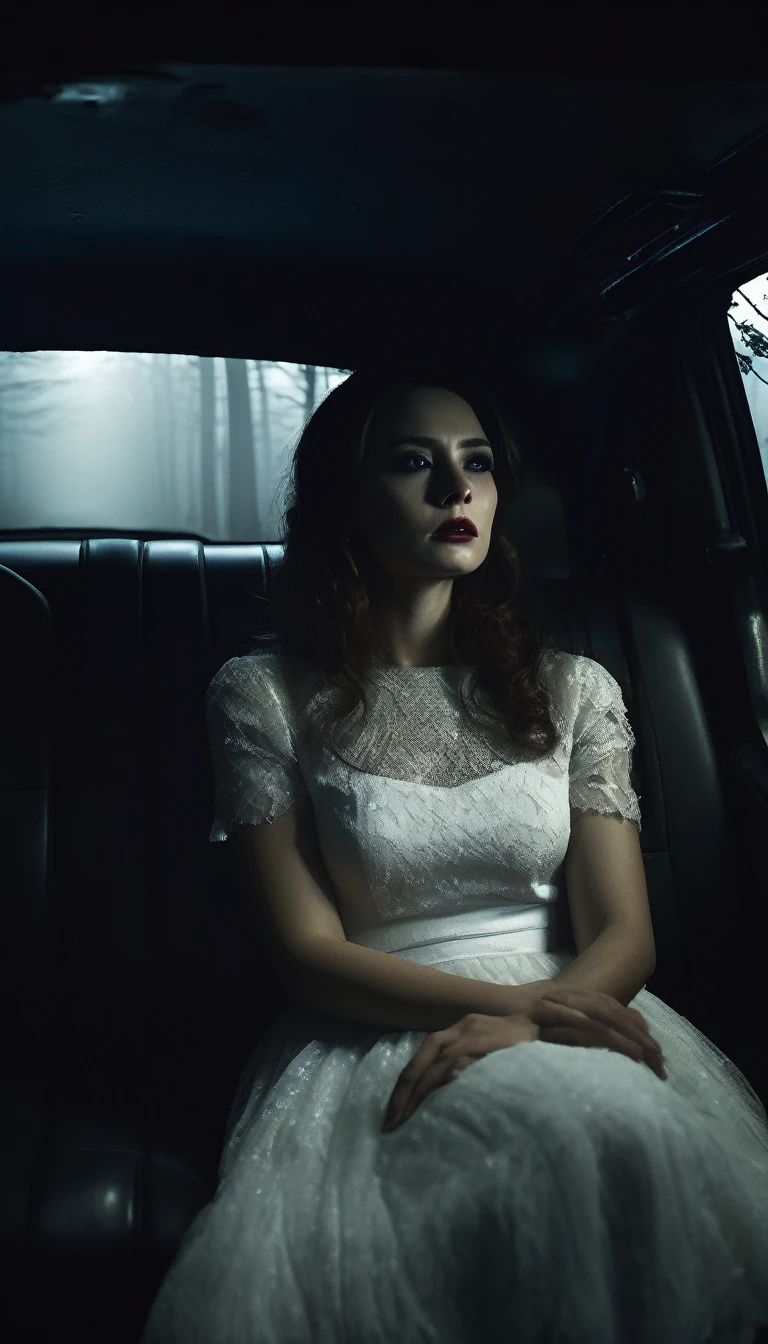 Inside the car, a tense atmosphere as the woman in a white dress sits silently beside the driver. Her hair obscures her face. The man's face shows unease and nervous glances towards her. The car interior is dimly lit, with the headlights casting a weak glow on the foggy forest road outside. Cinematic lighting, high contrast, spooky.