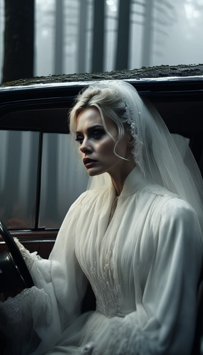 The woman in white slowly turning her head towards the driver, revealing a pale, haunting face with dark eyes. The man's expression is one of fear and shock. The car interior remains dimly lit, with the foggy forest road visible through the windows. Tall, twisted trees loom outside. Cinematic lighting, high contrast, spooky.