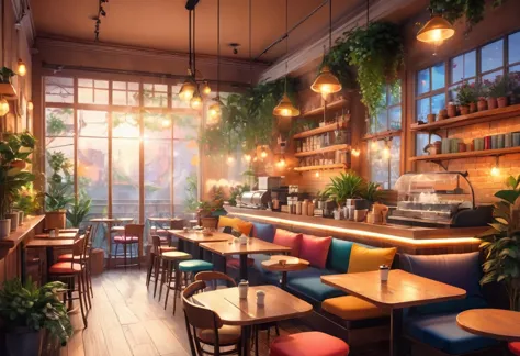 Anime Style, The interior of the coffee shop is painted with exquisite detail and vibrant colors.. Delicate steam rising from ho...