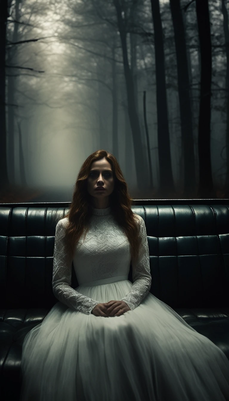 Inside the car, a tense atmosphere as the woman in a white dress sits silently beside the driver. Her hair obscures her face. The man's face shows unease and nervous glances towards her. The car interior is dimly lit, with the headlights casting a weak glow on the foggy forest road outside. Cinematic lighting, high contrast, spooky.