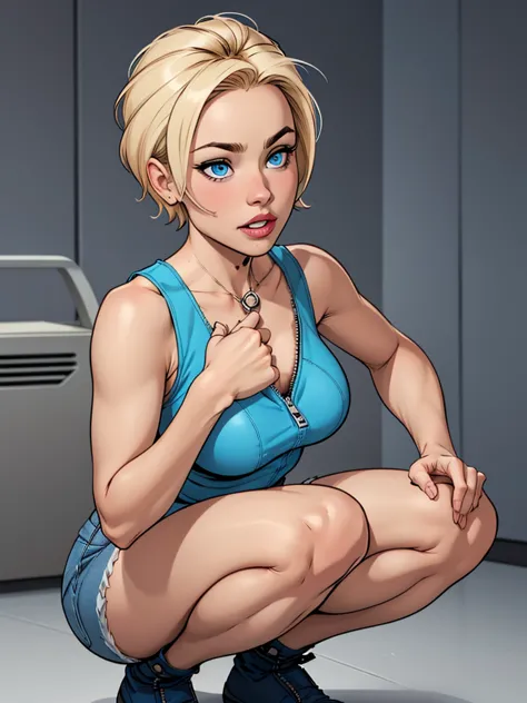 young female, with blonde short hair, blue eyes, wearing a tight blue tank top with a low neckline, wearing short,squatting,  ti...