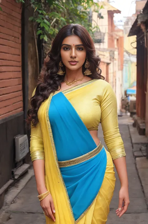 Beautiful young indian woman, wearing a sexy yellow saree, winter, straight, portrait, standing at a city alley, indian old city...
