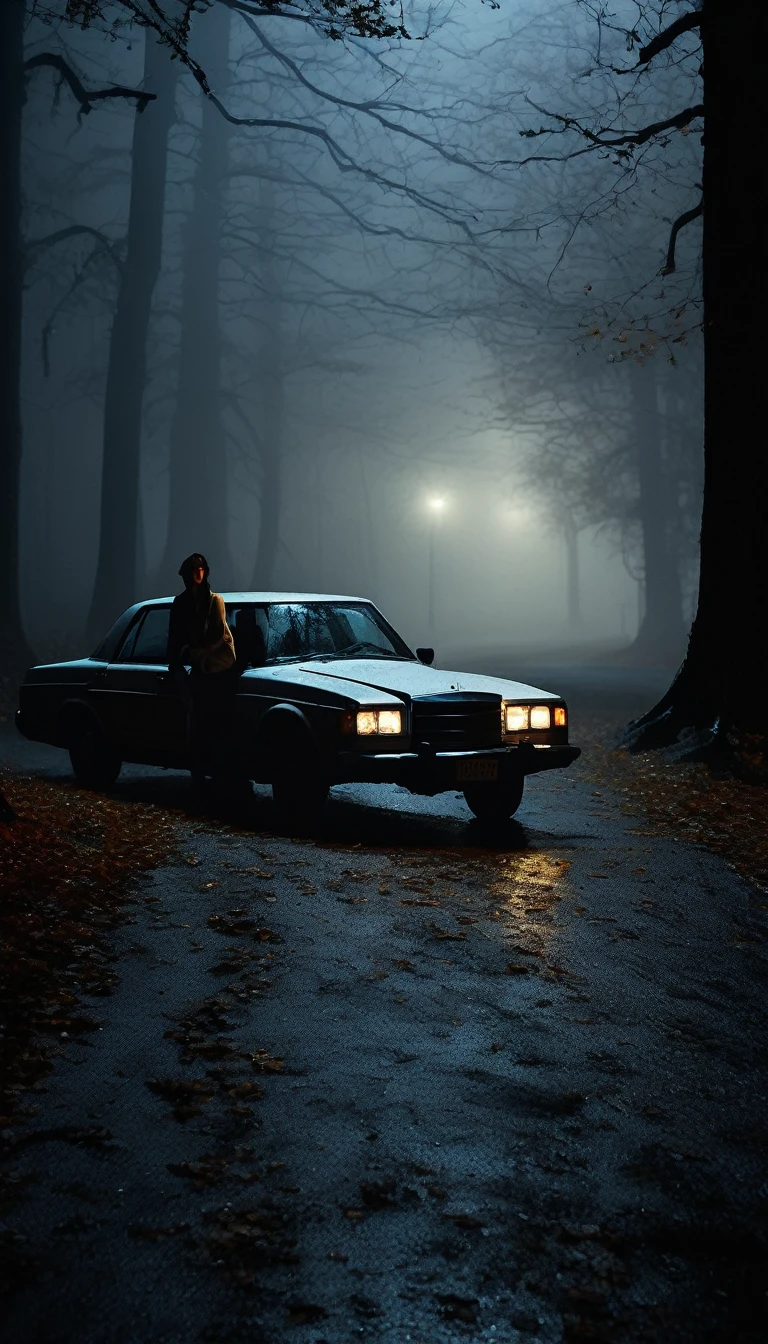 A car stopped on a dark, foggy forest road at night. The driver, a man, looks worried as he peers out the window at the woman in white. The surroundings are shadowy, with tall, twisted trees and dense fog. Cinematic, high contrast, spooky.