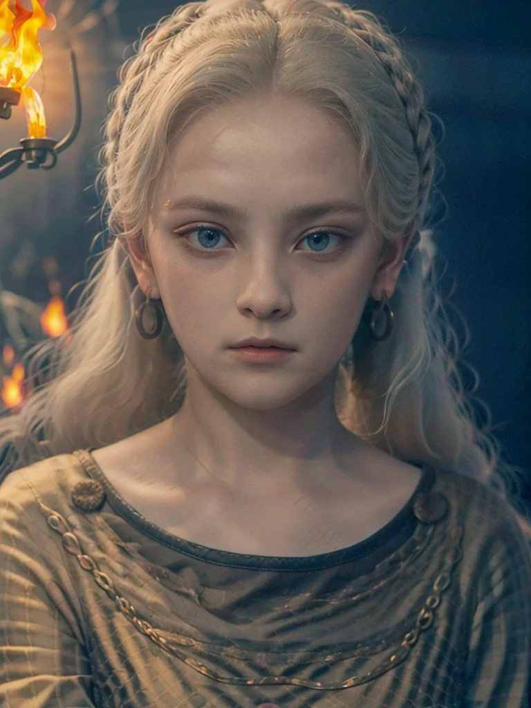 (((Cinematic epic poster))) of Helaena Targaryen , Gothic style, (((detailed face))), (a detailed RAW photo of a ), (master part:1.0), (best quality:1.4), (Ultra Highres:1.2), (photorealistic:1.4), 8K resolution, Canon EOS R5, 50 millimeters, Absurd, Ultra Detailed, sharp focus, Cinematic lighting, detailed face, (ULZZANG-6500-V1.1), detailed skin texture, pale skin, chest round, (pale :0.5), Cinematic lighting. (((Abstract  prophetic vision of flame background, cinematic lighting )))