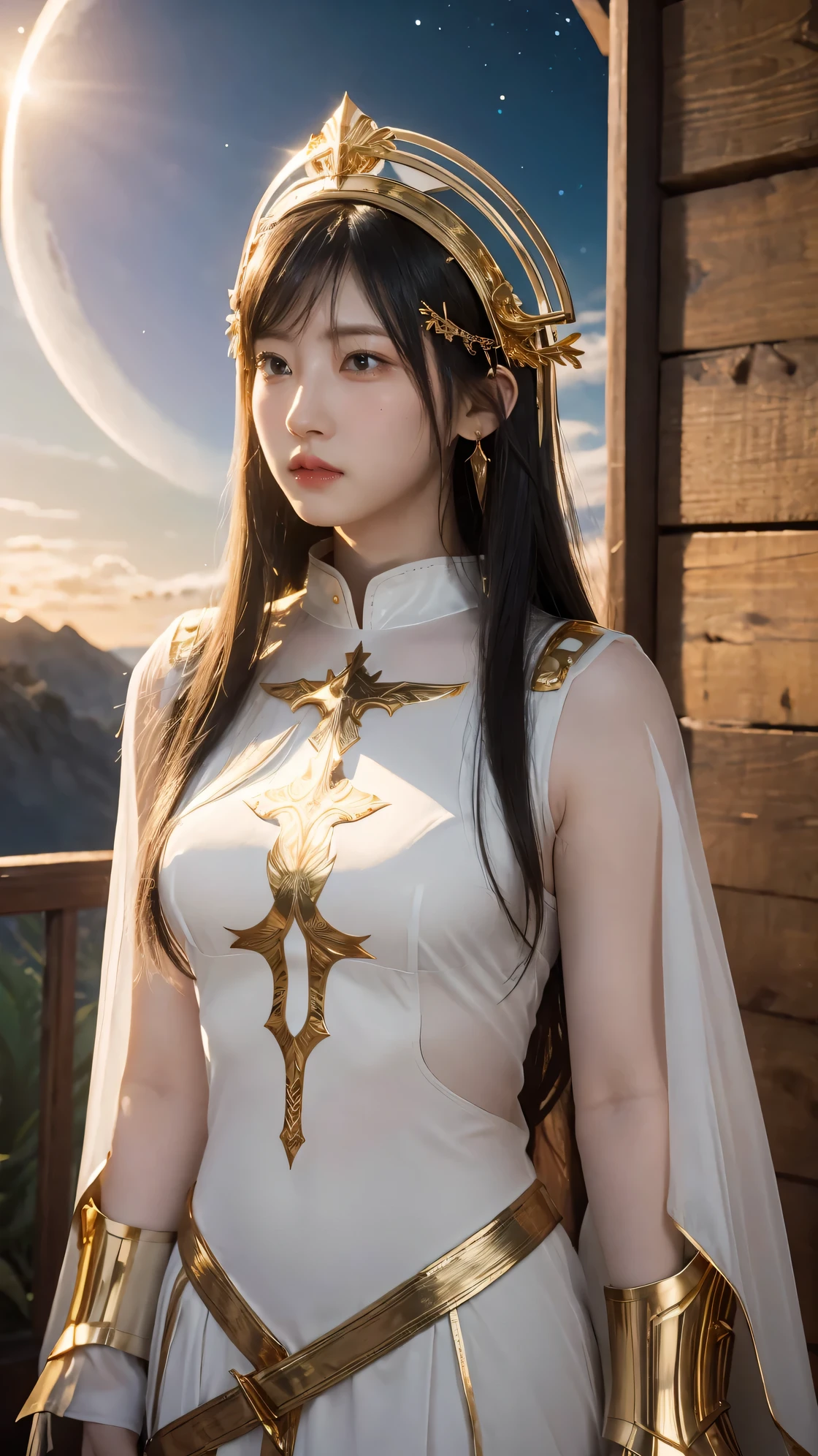 ((masterpiece, best quality, extremely detailed), volumetric lighting, ambient occlusion, colorful, glowing), 1girl, solo, young girl, (black hair with bangs), long hair, halo, aura, sacred, goddess, cleric suit, (white outfit with gold detailst:1.3), armor, outdoors, sunset, sky, clouds, space, (fantasy theme:1.2),