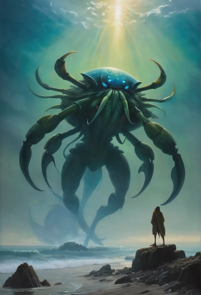 （A giant crab stands in the fog and stares fiercely at a man begging for help），（a creature 5 meters tall:1.0），（Huge green eyes are unusually bright：1.37）（The thick legs of two giants stand on the reef） ，，（The shell of a giant crab is dark green），（goldtrim）, （Dark blue wide oval abdomen）, （Very hard and thick shell texture）， (There are a pair of large protruding compound eyes：0.8），（Unusually long and flexible antennae：1.1），（The length is about 1/3 The width of the crab's body：0.5） ，（There is a small pair of pliers on the top of the head），（Fresh fluff：0.8）， giant ethereal creature,The texture is clear， （The helpless pray for help：1.37），（People who ask for help：1.37），（Dark blue glowing sky）， Background with：nebulous sky，（safe：1.1（rough sea），（Greatwave），reef，）， Reality，Epic，ultraclear，afterimage, Dutch angle, From below, Sony FE GM, clair obscur, Blurry, hyper HD, Masterpiece, Textured skin, Super detail, High details, High quality, Award-Awarded, Best quality, A high resolution, 8K，Epic，sci-fy，Futuristic fantasy，cotw，thriller