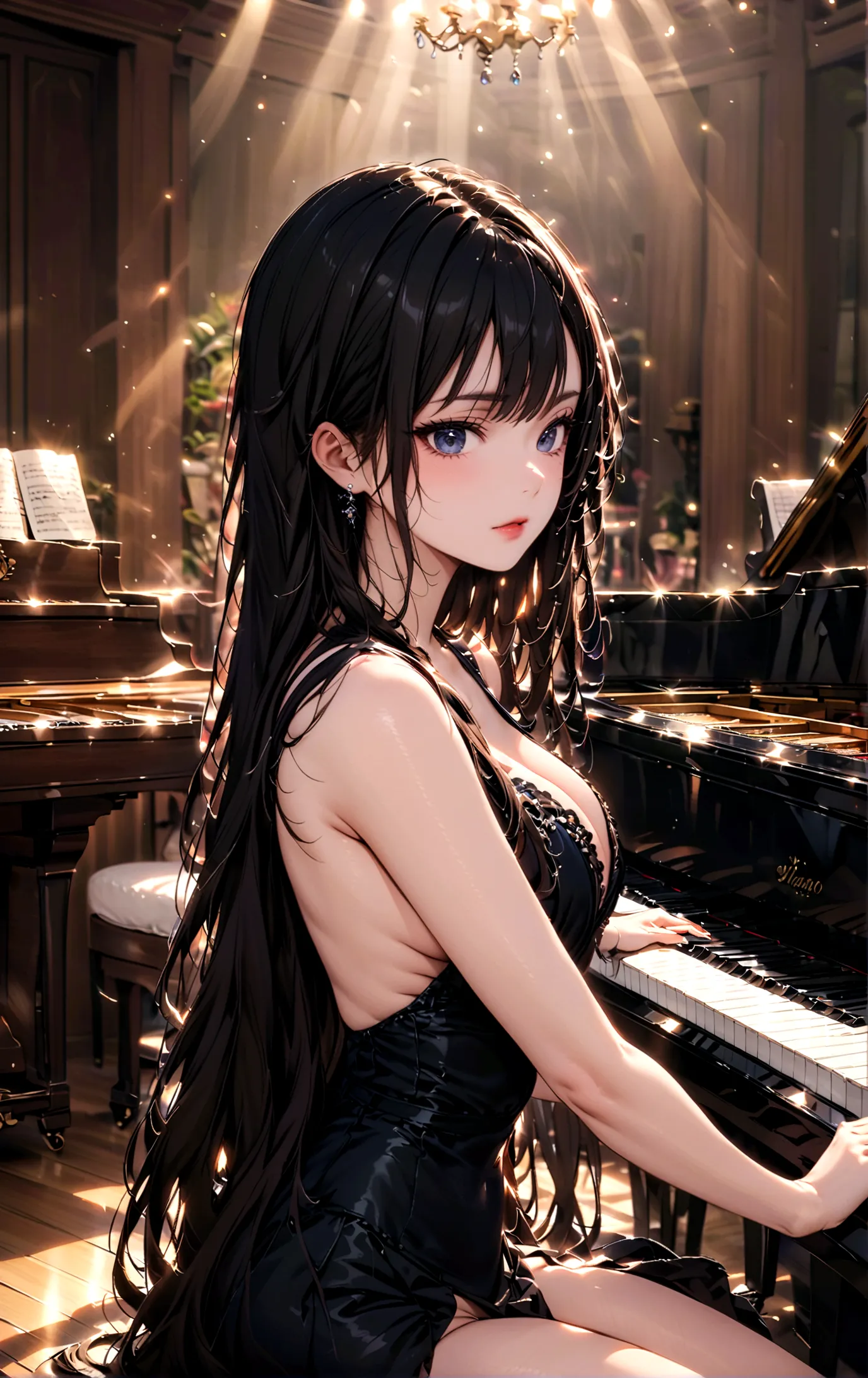 long hair，black hair，beauty，((piano)),sexy