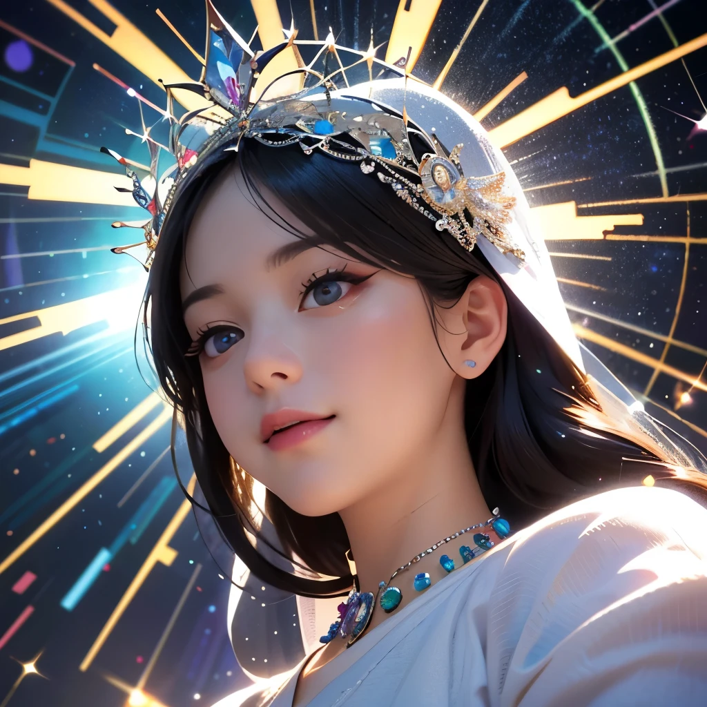 (Masterpiece TopQuality aesthetic Mystic:1.2), ExtremelyDetailed a KAWAII Bride (CloseUp from below:1.4) Radiant PearlSkin with Transparency (Acutance:0.8), (((Detailed NOGIZAKA FaceVariations))), Childish CaptivatingGaze ElaboratePupils with (SparklingHighlights:1.28), DoubleEyelids with (Voluminous LongEyelashes:0.88), Small GlossyRedLips with BeautifulDetails, PUNIPUNI RosyCheeks, Glowing DowneyHair . { (Dynamic Joyful expressions LifeLike Rendering:1.4) | (:d) }  BREAK Background is Filled with Dazzling Blurred StainedGlass (BokeH:1.4) ExtremelyDetailed Elaborate Stained Glass Art, Colored Glass, Lead Line, Light transmission Bright colors, intricate designs, luminous effect, Spiritual atmosphere