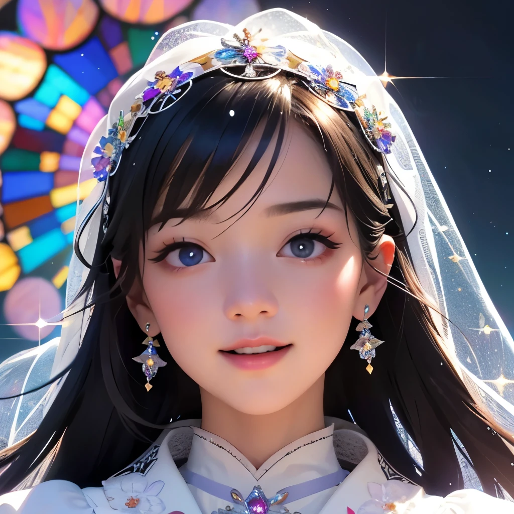 (Masterpiece TopQuality aesthetic Mystic:1.2), ExtremelyDetailed a KAWAII Bride (CloseUp from below:1.4) Radiant PearlSkin with Transparency (Acutance:0.8), (((Detailed NOGIZAKA FaceVariations))), Childish CaptivatingGaze ElaboratePupils with (SparklingHighlights:1.28), DoubleEyelids with (Voluminous LongEyelashes:0.88), Small GlossyRedLips with BeautifulDetails, PUNIPUNI RosyCheeks, Glowing DowneyHair . { (Dynamic Joyful expressions LifeLike Rendering:1.4) | (:d) }  BREAK Background is Filled with Dazzling Blurred StainedGlass (BokeH:1.4) ExtremelyDetailed Elaborate Stained Glass Art, Colored Glass, Lead Line, Light transmission Bright colors, intricate designs, luminous effect, Spiritual atmosphere