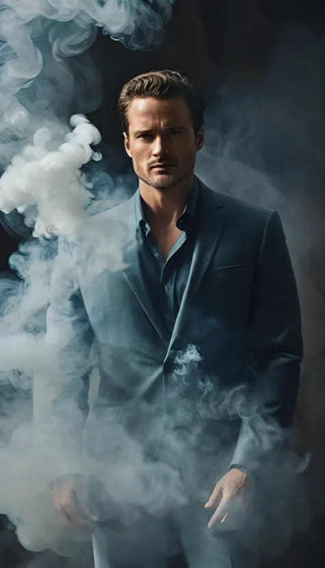 ethereal photo of the face of a full body, handsome man looking to the right, emerging from swirling strokes of smoke and vapors...