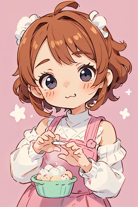 shoulder sweater, curly shorthair, hair scrunchie, twin-tailed, kawaii pose、eat mochi、a face and pose that expresses deliciousne...