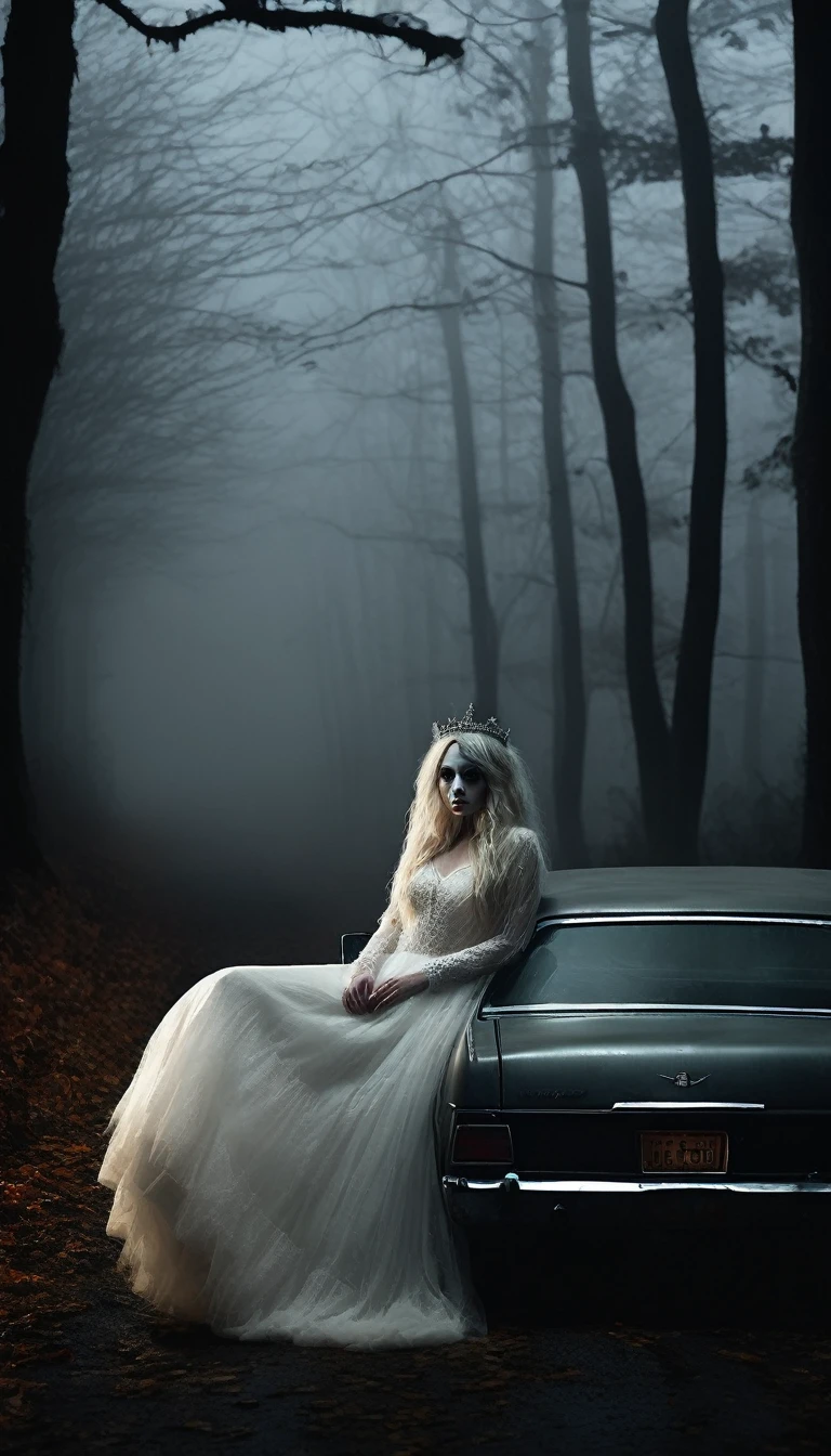 The White Lady, wearing weading dress, sitting in the passenger seat of a car at night. The car is on a dark, foggy forest road, surrounded by twisted trees. Her face is pale and haunting, partially obscured by her long hair. The atmosphere inside the car is tense and eerie, with dim lighting and thick fog outside. Cinematic, high contrast, spooky.