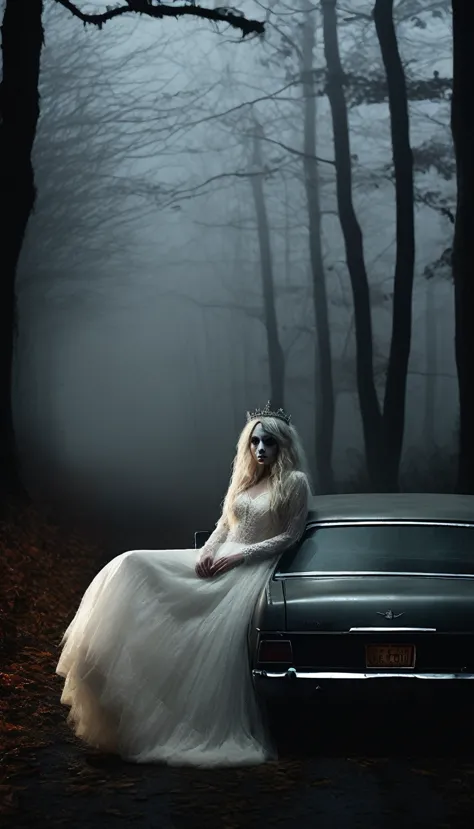 The White Lady, wearing weading dress, sitting in the passenger seat of a car at night. The car is on a dark, foggy forest road,...