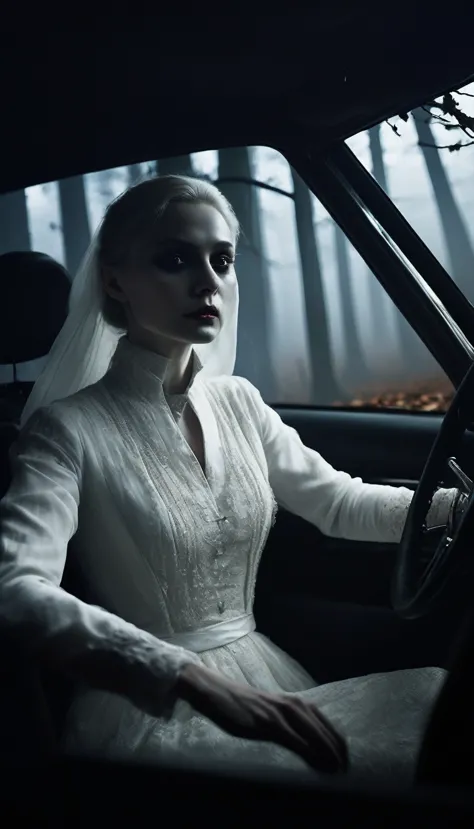 Inside the car, the White Lady in white slowly turns her head towards the driver, revealing a pale, haunting face with dark eyes...
